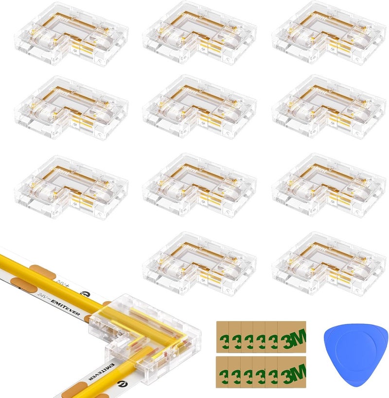 EMITEVER 8mm LED Strip Connectors 12pcs, Led Corner Connector L-Shaped Gapless Connection Solderless Transparent Tape Light Connectors for 2-Pin COB/SMD LED Strip Lights​ 5V 12V 24V 48V - Image 1